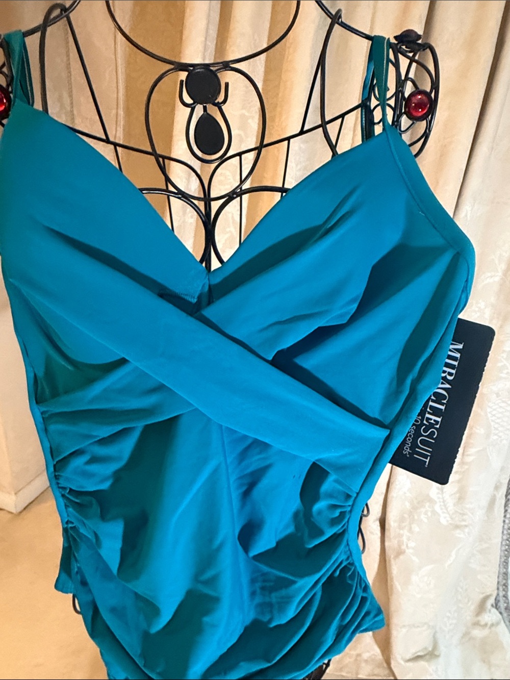 Miraclesuit Teal Blue Ruched Crossover Swim One-Piece. You will look 10lbs less - Picture 3 of 9